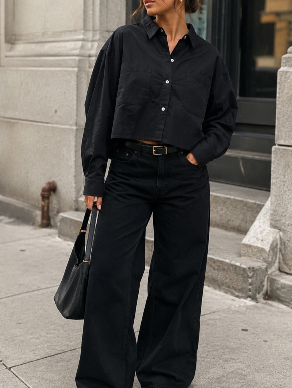 NWT Kuwalla Black Cropped Button-Down Shirt Boxy Minimalist Streetwear Top